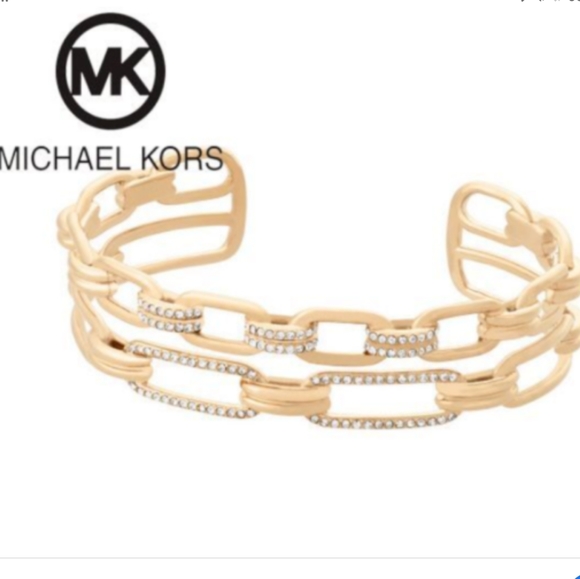 Michael Kors Cuff Bracelet Fixed Double Chain Links Gold Tone Pave Crystals NWT - Picture 1 of 8